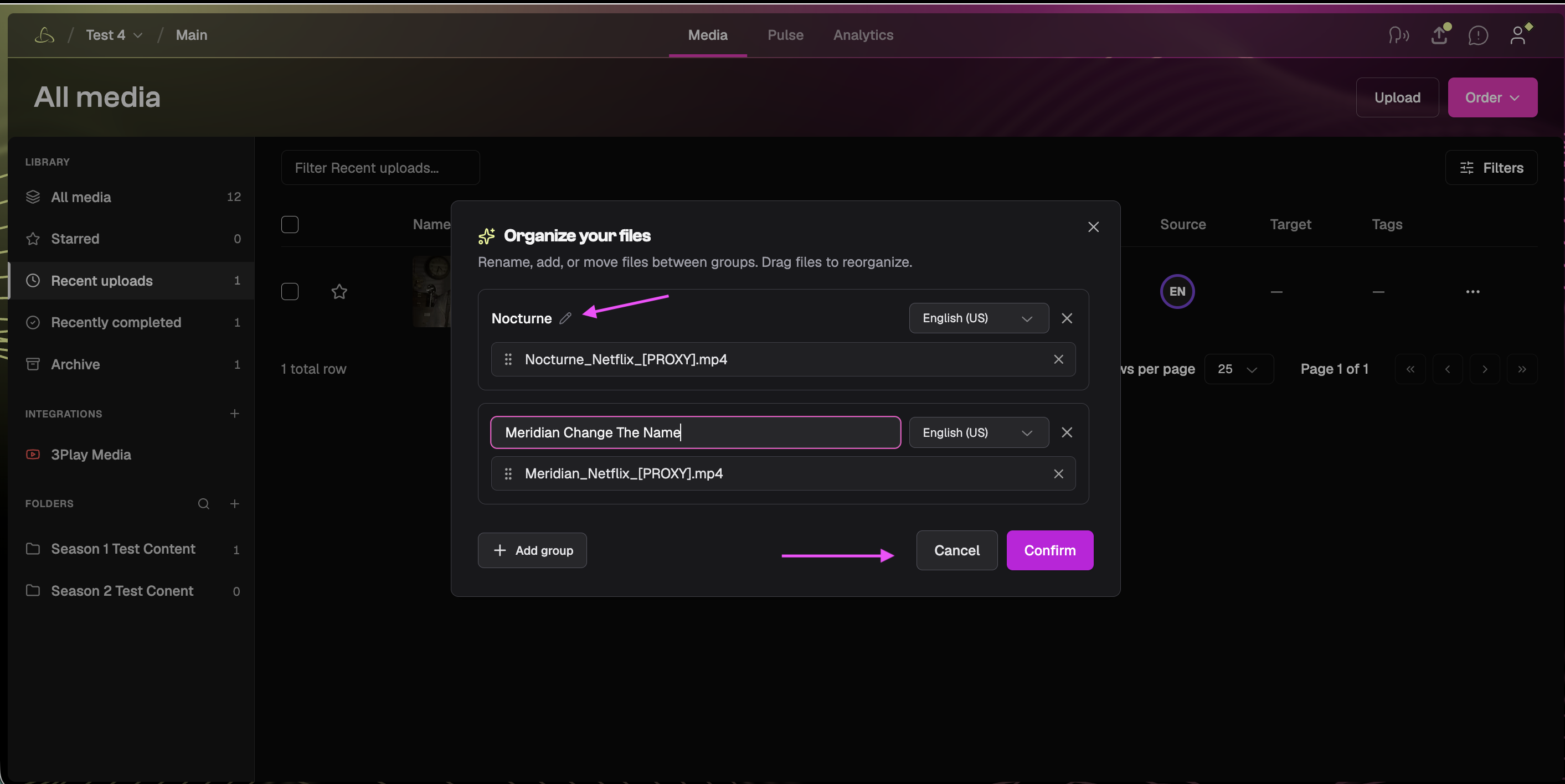 Upload window showing options to organize selected files and confirm the upload.