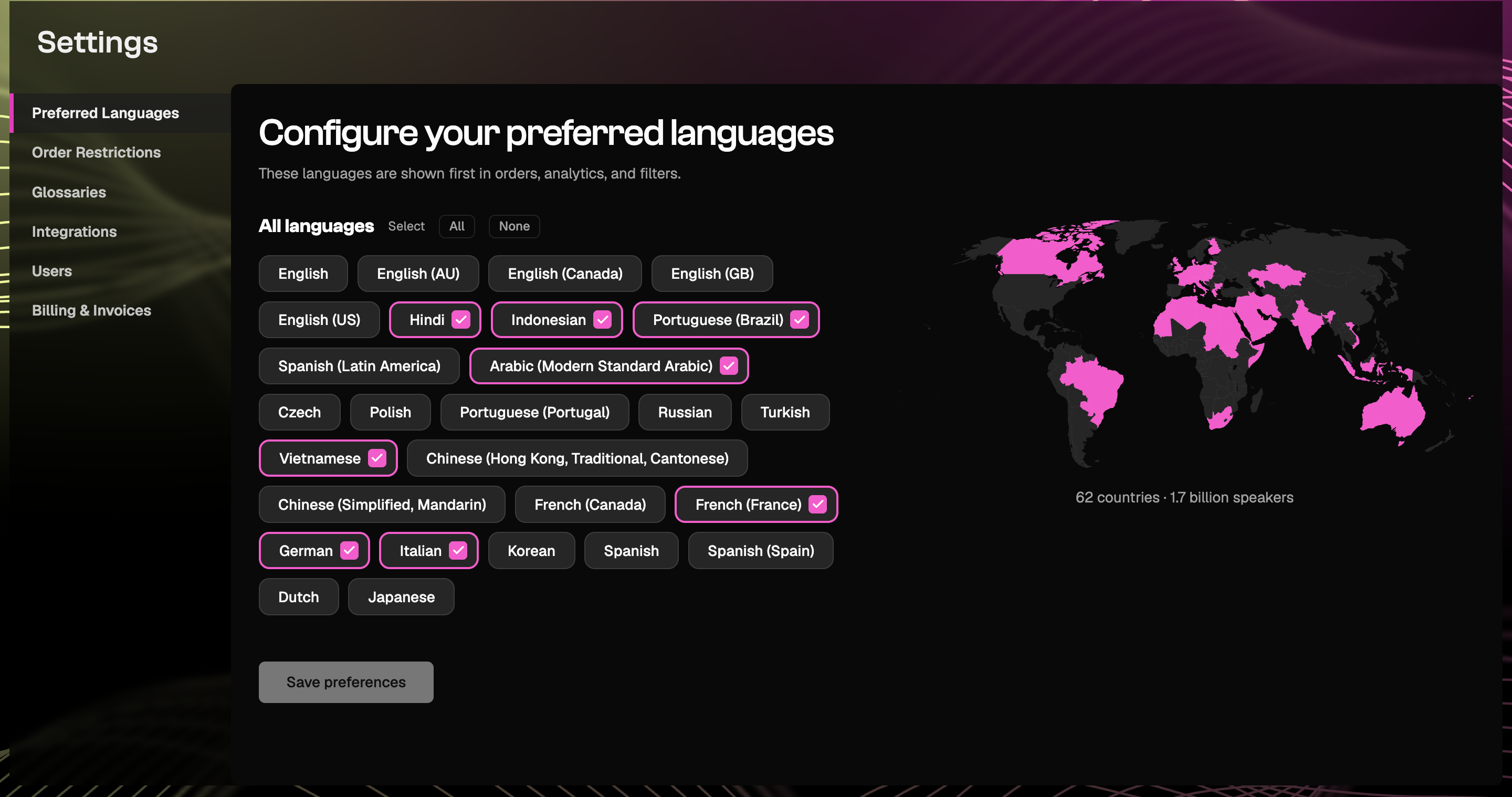 Preferred Languages settings with options to select individual languages, select all, clear selections, and save.