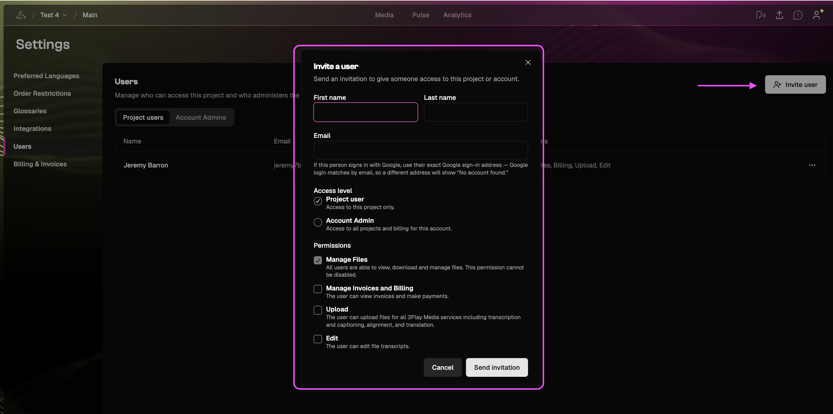 Invite User screen with fields for the user’s name, email, user type, and permissions.