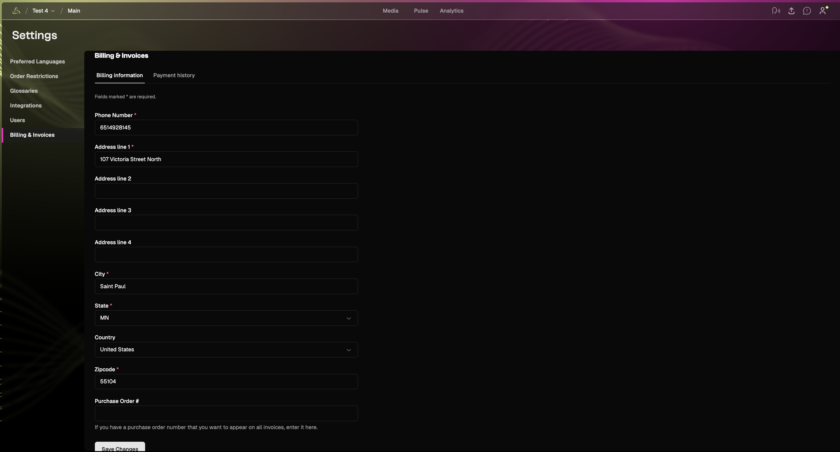 Billing Information tab showing account billing details and invoice settings.