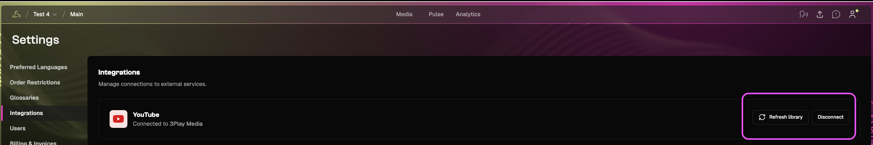 Integrations settings for viewing, adding, updating, or removing a connected YouTube account.