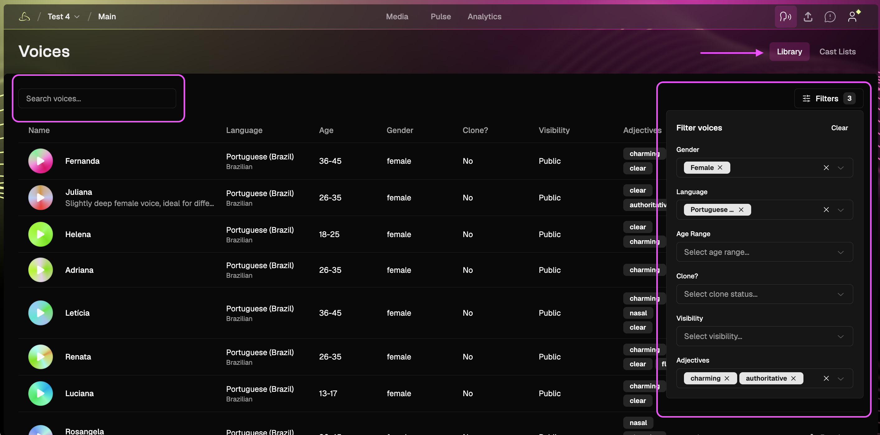 Voice Library showing search and filter options for language, age range, gender, and tone.