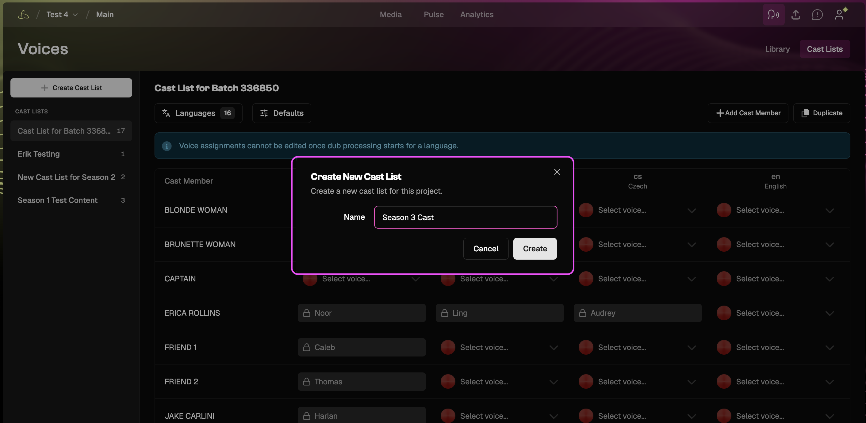 Create Cast List window with a field to enter the cast list name and the Create button.
