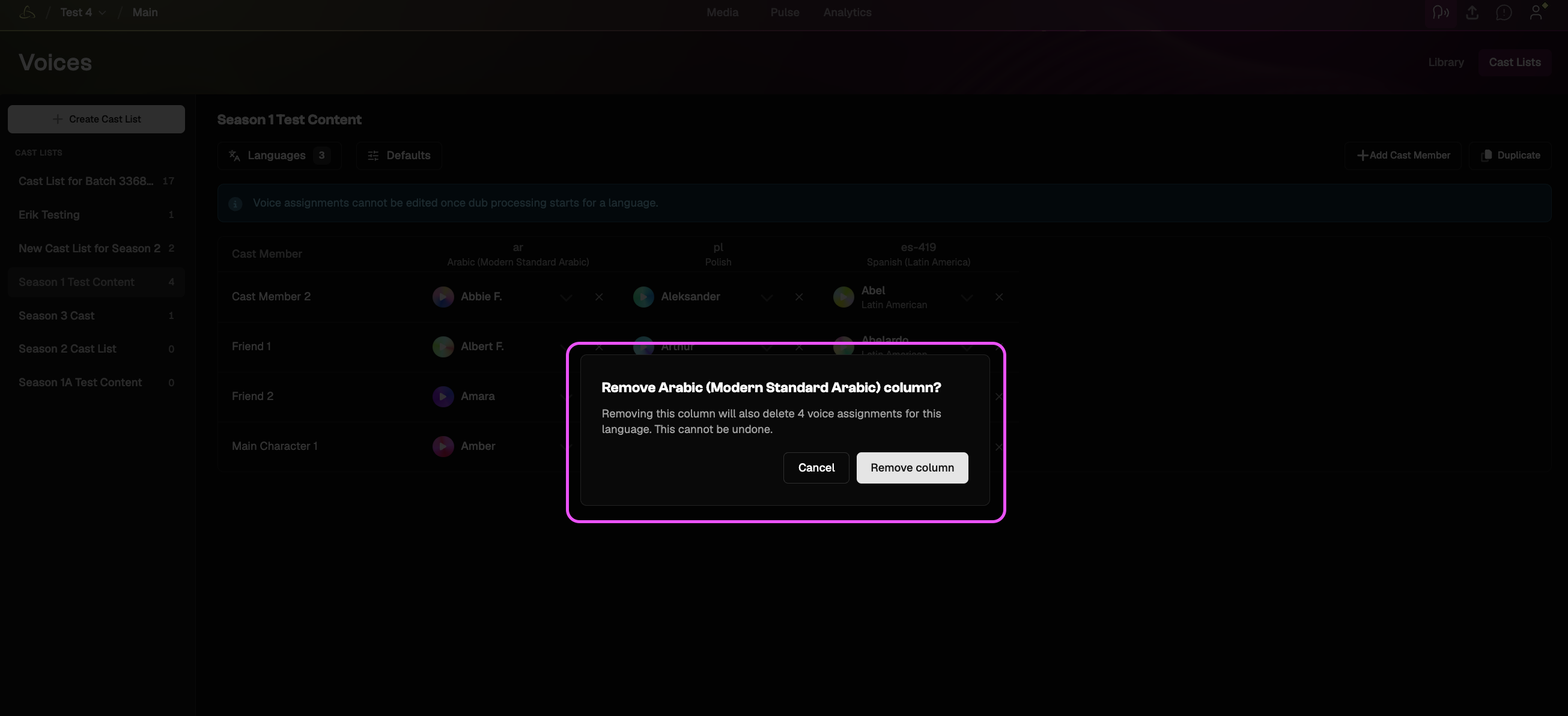 Confirmation prompt to remove the language column.