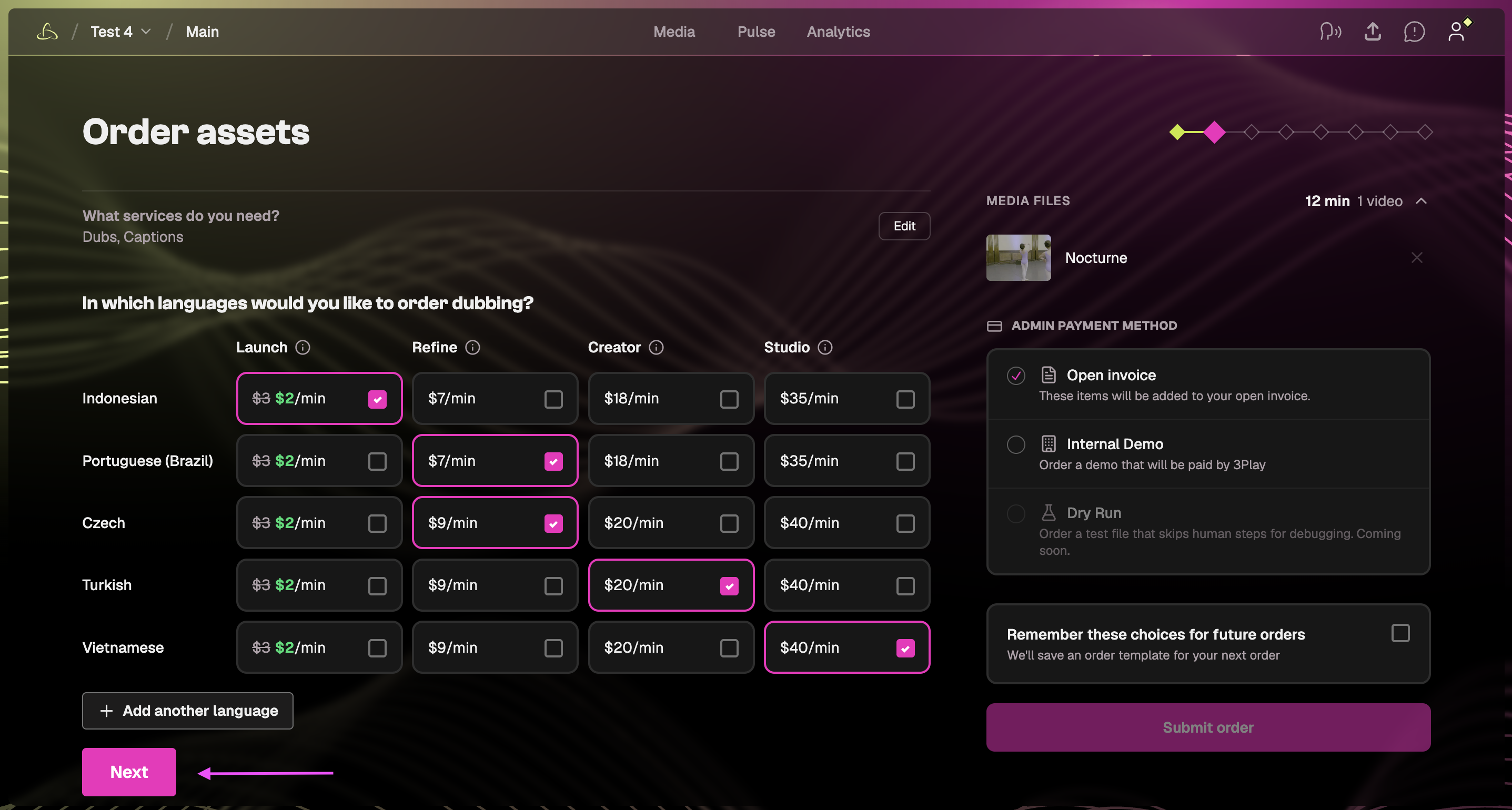 Service tier selection screen showing the available quality levels for the selected service.